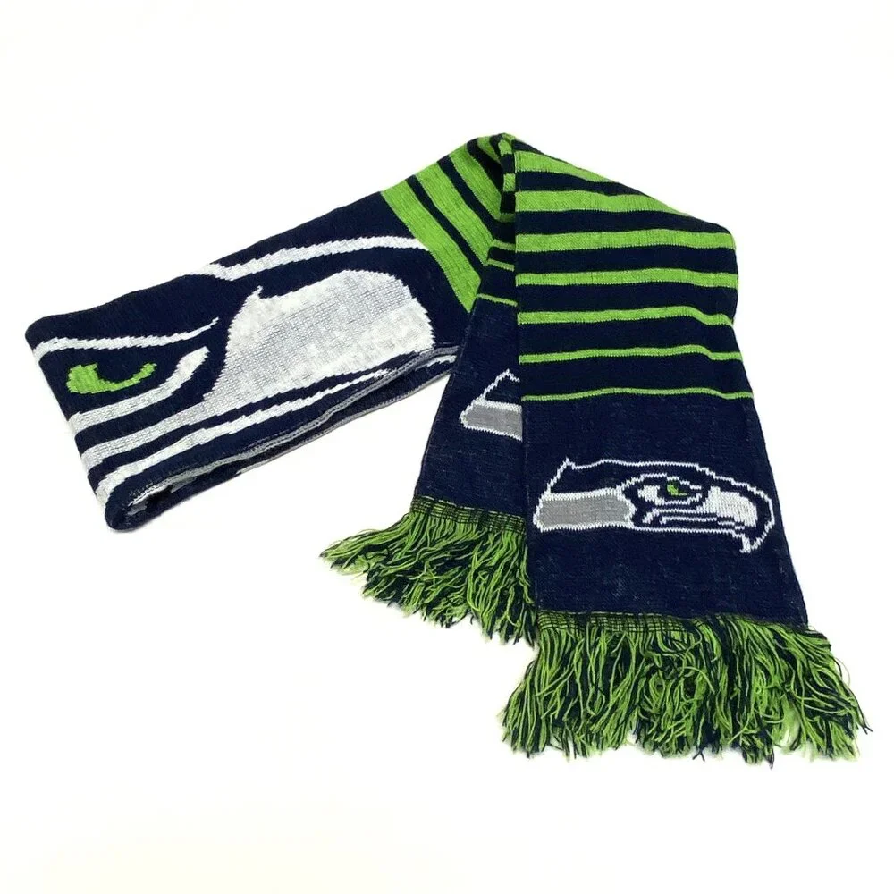 NFL Seattle Seahawks Double Side Stripe Sea Hawk Design Wrap Fringed Knit Scarf